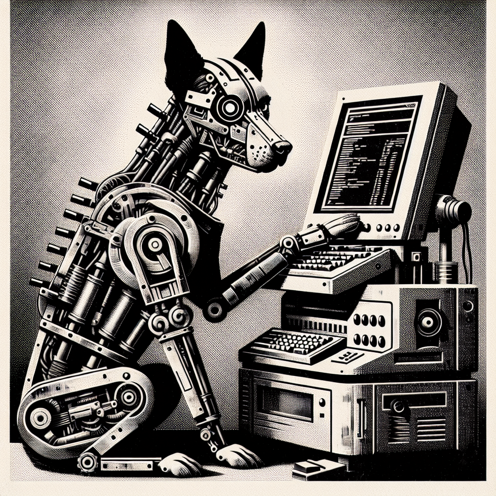 A robot with a dog-like design using a computer