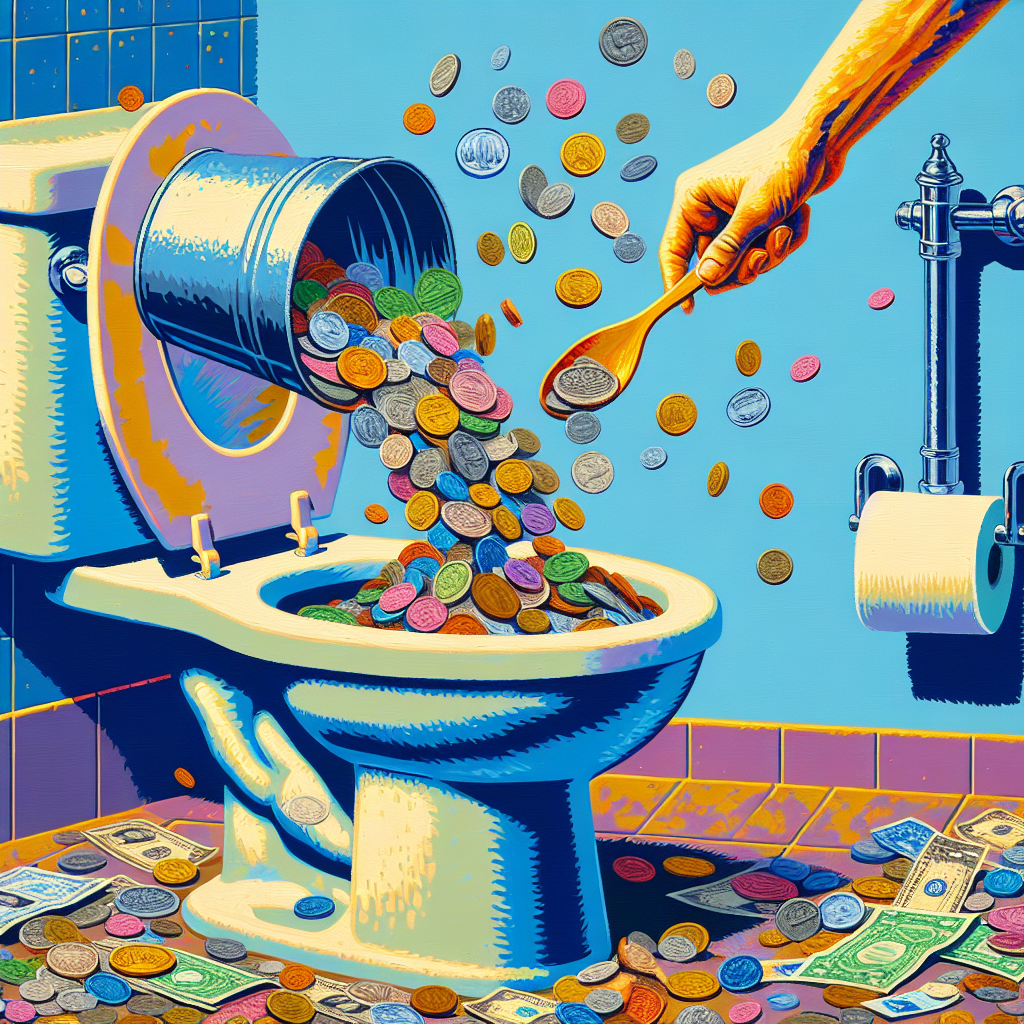 pouring money into the toilet from a bucket